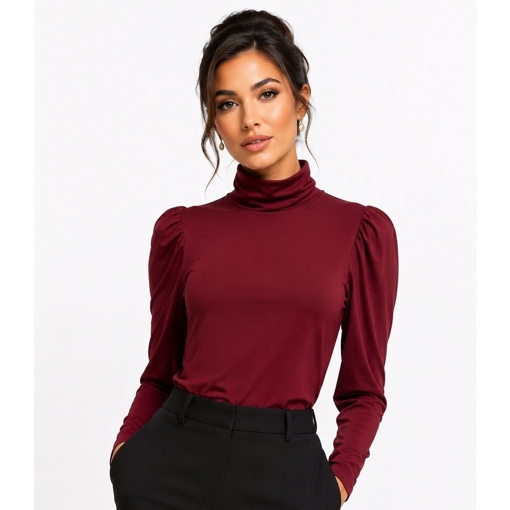 Rachel Parcell Burgundy Puff Shoulder Turtleneck Top XS Wine Red Long Sleeve